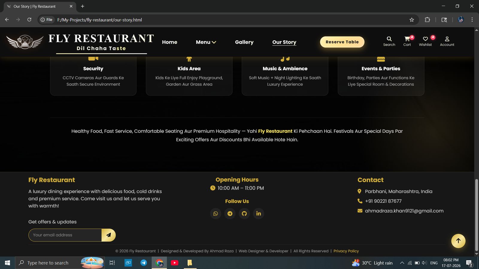Fly Restaurant - Footer Section