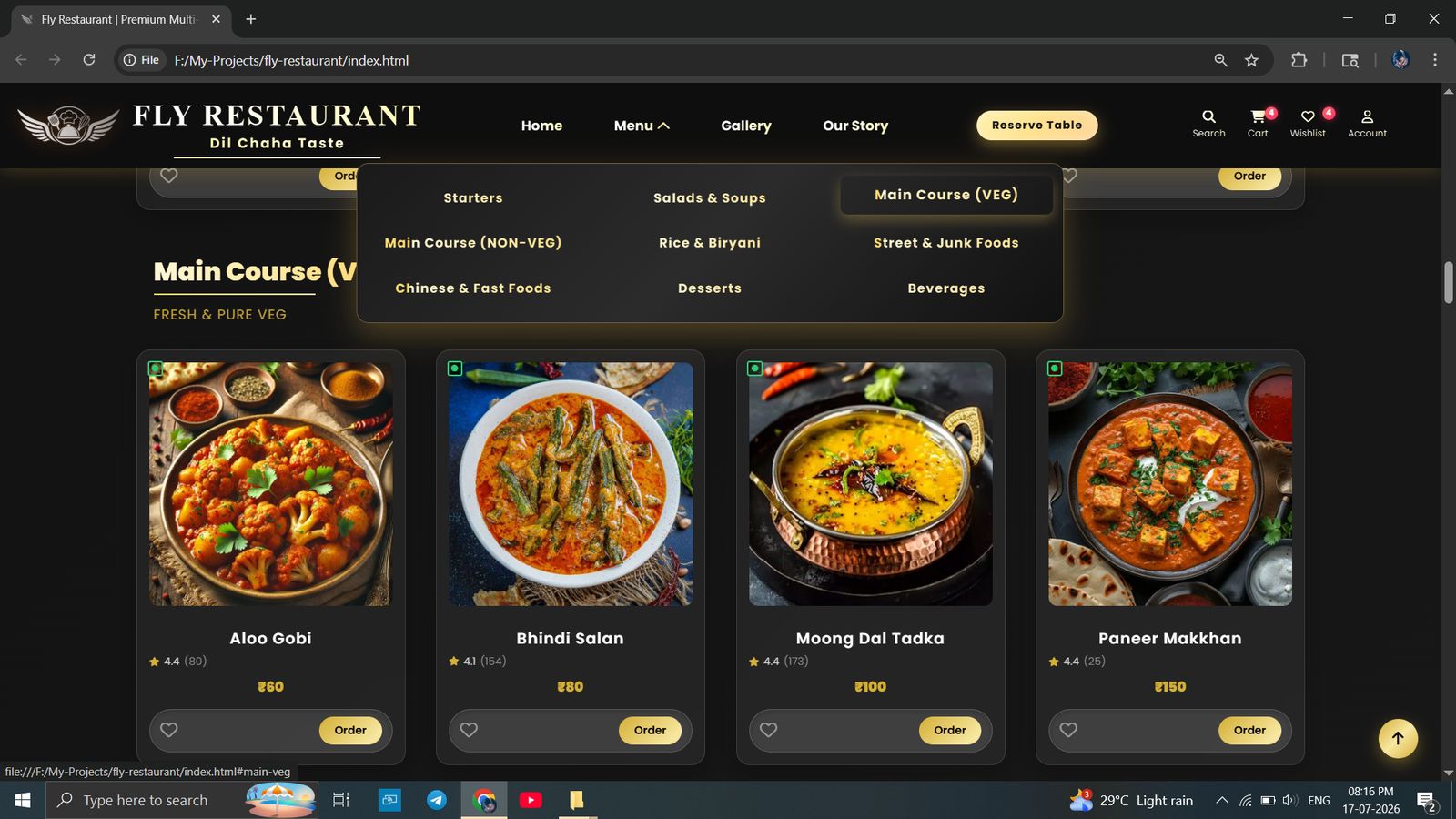 Fly Restaurant - Menu Section